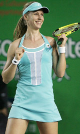 Elena Dementieva of Russia jubilates after beating Serena Williams of the USA in The Watsons Water Championship Challenge in Hong Kong on Wednesday
