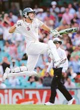 Australian captain Ricky Ponting celebrates after hitting the winning runs on the fifth day of the third Test against South Africa in Sydney on Friday