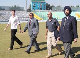 Sean Gallagher and Andy Allman, accompanied by Sushil Kapoor and Brig G.S. Sandhu, inspect the PCA Stadium in Mohali