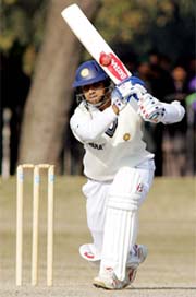 Rahul Dravid plays a shot on the first day of the three-day warm-up match against Pakistan A at the Bagh-e-Jinnah Stadium in Lahore