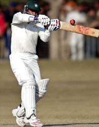 Pakistan A batsman Imran Farhat plays a shot on the second day of the three-day warm-up match against India in Lahore on Sunday