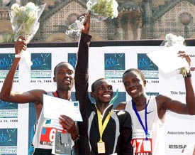 Daniel Rono, Desse Mandago Kipkorir and Stanley Leleito, who stood first, second and third, respectively, in the Mumbai Marathon on Sunday