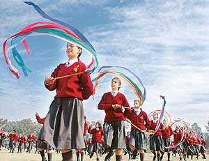 Girls of Play Ways School rehearse for Republic Day function at Polo Ground in Patiala, on Thursday.