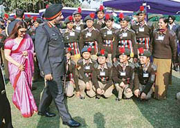 Army Chief General J.J. Singh and his wife Anupama Singh meet NCC cadets selected from all over the country to participate the 56th Republic Day Parade in New Delhi on Friday.