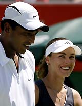 Mahesh Bhupathi and Martina Hingis before the start of their mixed doubles match against Yeu Tzuoo Wang of Taiwan and Na Li of China at the Australian Open on Friday