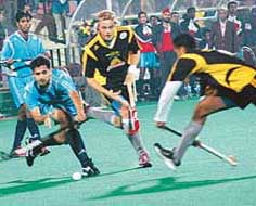 Hyderabad Sultans and Chandigarh Dynamos in action during a Tier I PHL encounter at the Sector 42 Hockey Stadium in Chandigarh on Friday