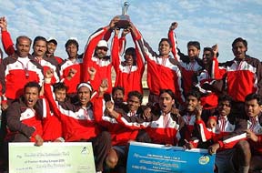 Orissa Steelers players rejoice after emerging winners in Tier II of the Premier Hockey League at the Sector 42 Hockey Stadium in Chandigarh on Sunday.