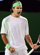 Switzerland�s Roger Federer celebrates after beating Germany�s Tommy Haas 6-4, 6-0, 3-6, 4-6, 6-2 in a fourth round match at the Australian Open in Melbourne on Monday