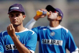 Nail-biting Suspense: Sourav Ganguly and Rahul Dravid during a practice session at the National Stadium in Karachi on Saturday