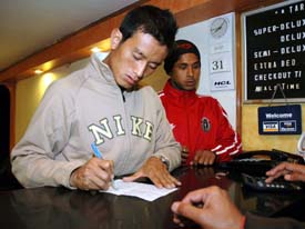 Baichung Bhutia of East Bengal checks into a hotel in Ludhiana on Tuesday
