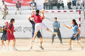 The women�s handball final between Ludhiana and Ropar in progress on the concluding day of the 20th Mata Sahib Kaur Sports Festival at Jarkhar, near Ludhiana