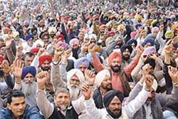 Employees of the Panchayati Raj Institutions raise hands at a rally in Chandigarh on Monday.