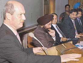 Mr Michael De Jong, Minister of Labour and Citizen’s Services, British Columbia, Canada, addressing Panjab University students in Chandigarh on Monday.