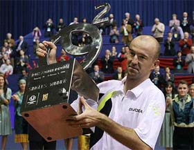 Croatia�s Ivan Ljubicic holds the trophy after beating Austria�s Stefan Koubek in the final of the ATP Zagreb Indoors Tennis Tournament in Zagreb, Croatia