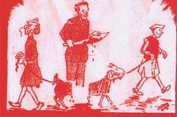 Mountbatten with a butcher�s knife after splitting a goat in two. Nehru takes the front part and Jinnah the posterior (CMG, 12 June 1947)