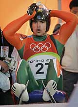Shiva Keshavan prepares at the start of the first run of the men�s singles luge at the Turin 2006 Winter Olympic Games at Cesana Pariol, Italy, on Saturday.