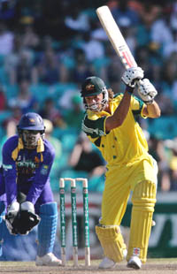 Australia�s Andrew Symonds hits a boundary during the second one-day final against Sri Lanka in Sydney on Sunday.