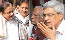 Union Minister for Finance P. Chidambaram and Minister for State Prithviraj Chavan and Left leaders A.B. Bardhan and Parkash Karat address separate press conferences in Delhi on Monday
