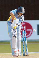 Indian captain Ravikant Shukla is bowled by Pakistan�s Jamshed Ahmed during the ICC Under-19 World Cup final in Colombo on Sunday