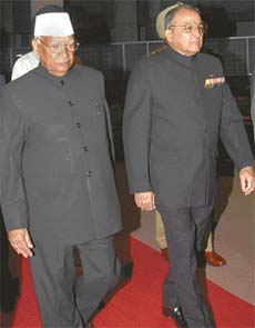 The Governor, Gen S.F. Rodrigues (retd), escorted by the Speaker, Dr Kewal Krishan, arrives at the Punjab Vidhan Sabha in Chandigarh for his Address on the opening day of the Budget session