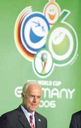 Former German football star and World Cup organiser Franz Beckenbauer is seen in front of a banner for the coming World Cup Germany 2006, during a speech at the Mexican Club of Bankers in Mexico City on Wednesday