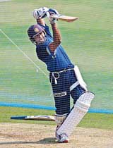 Wasim Jaffer plays a shot during a practice session in Nagpur on Tuesday