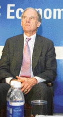 Chairman of the US-India ceo Forum William Harrison III attends the Indo-US business meeting in New Delhi on Friday. 