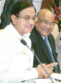 Finance Minister P. Chidambaram with Governor of RBI Y.V. Reddy at a Central Board meeting of the RBI after Budget, 2006, in New Delhi on Saturday.