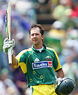 Australian captain Ricky Ponting celebrates on completing his century against South Africa in the fifth one-dayer in Johannesburg on Sunday. Ponting smashed 164 to steer his team to a record total of 434.
