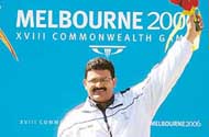 Samaresh Jung during the medal ceremony after he won the gold medal in the men�s 50m pistol event, in Melbourne on Tuesday