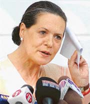 Mrs Sonia Gandhi addresses a Press conference at her residence in New Delhi on Thursday.