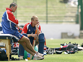 England captain Andrew Flintoff and team-mate Kevin Pietersen during a practice session at the Ferozeshah Kotla Ground in New Delhi on Thursday