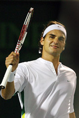 Roger Federer rejoices after beating James Blake in the quarterfinal of the Nasdaq-100 Open in Key Biscayne, Florida, on Thursday