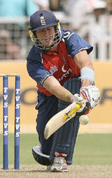 England�s Kevin Pietersen plays a shot during the second ODI in Faridabad on Friday