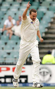 Australia�s Stuart Clark celebrates the dismissal of South Africa�s Boeta Dippenaar on the first day of the third Test in Johannesburg on Friday