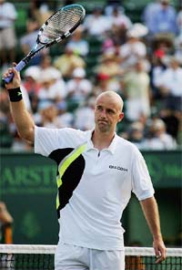 Ivan Ljubicic of Croatia celebrates after winning his semifinal against David Nalbandian of Argentina at the Nasdaq-100 Open in Miami