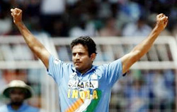 Irfan Pathan celebrates after dismissing England�s Andrew Strauss during the third one-dayer in Goa on Monday. 