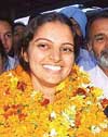 Shooter Avneet Kaur Sidhu being welcomed on her arrival in Bathinda on Monday. 