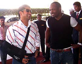 Sachin Tendulkar and Brian Lara arrive at a hotel in Mumbai on Thursday