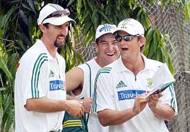 Australian cricketers Pill Jaques (centre) Adam Gilchrist (right) and Jason Gillespie during a practice session in Dhaka on Saturday. 