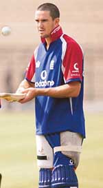 Kevin Pietersen uses his bat to juggle the ball during a practice session at the Keenan Stadium on Tuesday. 