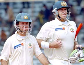 Ricky Ponting (left) and Matthew Hayden of Australia leave the ground at tea during the fourth day of the first Test between Bangladesh and Australia at the Osmani Stadium in Narayanganj on Wednesday.