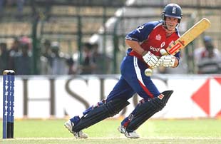 England�s captain Andrew Strauss plays a shot during the sixth one-day in Jamshedpur on Wednesday.