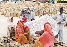 With no work to do because of the boycott of mandis by farmers, women labourers in Khanna mandi look at wares brought by a vendor on Monday