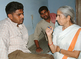 Aman Kumar who lost his eyesight allegedly after being beaten by his employer talks to Ms Laxmi Kanta Chawla, BJP state vice-president, at Civil Hospital in Amritsar.