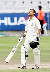 Ashwell Prince reacts after scoring a century on the fourth day of the second Test against New Zealand at Newlands stadium in Cape Town on Monday