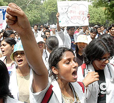 Medical students from across the country protest against the proposed OBC quota in central universities at Jantar Mantar in New Delhi on Tuesday.