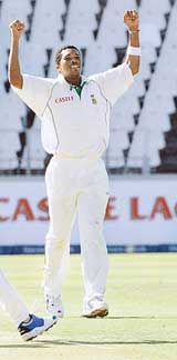 South Africa�s Makhaya Ntini celebrates on dismissing New Zealand�s Chris Martin on the first day of the third and final Test at the Wanderers Stadium