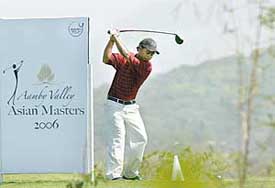 Ashok Kumar tees off on the second day of the Aamby Valley Asian Masters at Aamby Valley City, near Mumbai