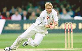 England�s Matthew Hoggard dives to catch out Sri Lanka�s Farveez Maharoof off his own bowling on the third day of the first Test at Lord�s in London on Saturday